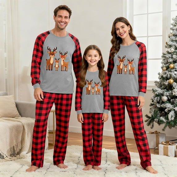 Xdegoge Family Matching Christmas Pajamas 2 Piece Sets Raglan Long Sleeve Tops and Pants Plaid Pjs Xmas Graphic Holiday Sleepwear Christmas Pants Matching Christmas Outfits for Family