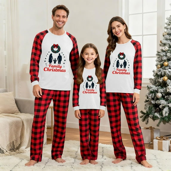 Xdegoge Family Matching Christmas Pajamas 2 Piece Sets Raglan Long Sleeve Tops and Pants Plaid Pjs Xmas Graphic Holiday Sleepwear Womens Cotton Pajama Sets Womens Red Pajamas Set