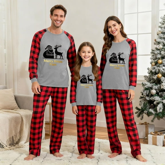 Xdegoge Family Matching Christmas Pajamas 2 Piece Sets Raglan Long Sleeve Tops and Pants Plaid Pjs Xmas Graphic Holiday Sleepwear Womens Warm Pajama Sets Cute Pajamas for Women
