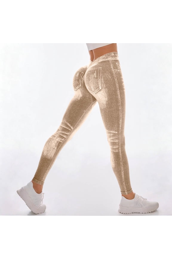 Faux Denim Leggings for Women Slim Fit Scrunch Butt High Waisted Tummy Control Printed Jeans Look Stretchy Spandex Workout Yoga Jeggings