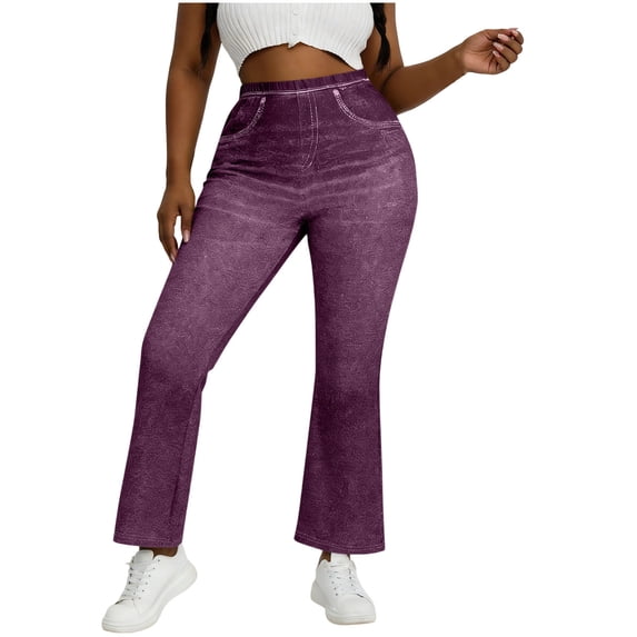 Xdegoge Faux Denim Pants for Women Flare Bootcut Leg High Waisted Tummy Control Printed Jeans Look Stretchy Spandex Casual Office Lounge Jeggings
