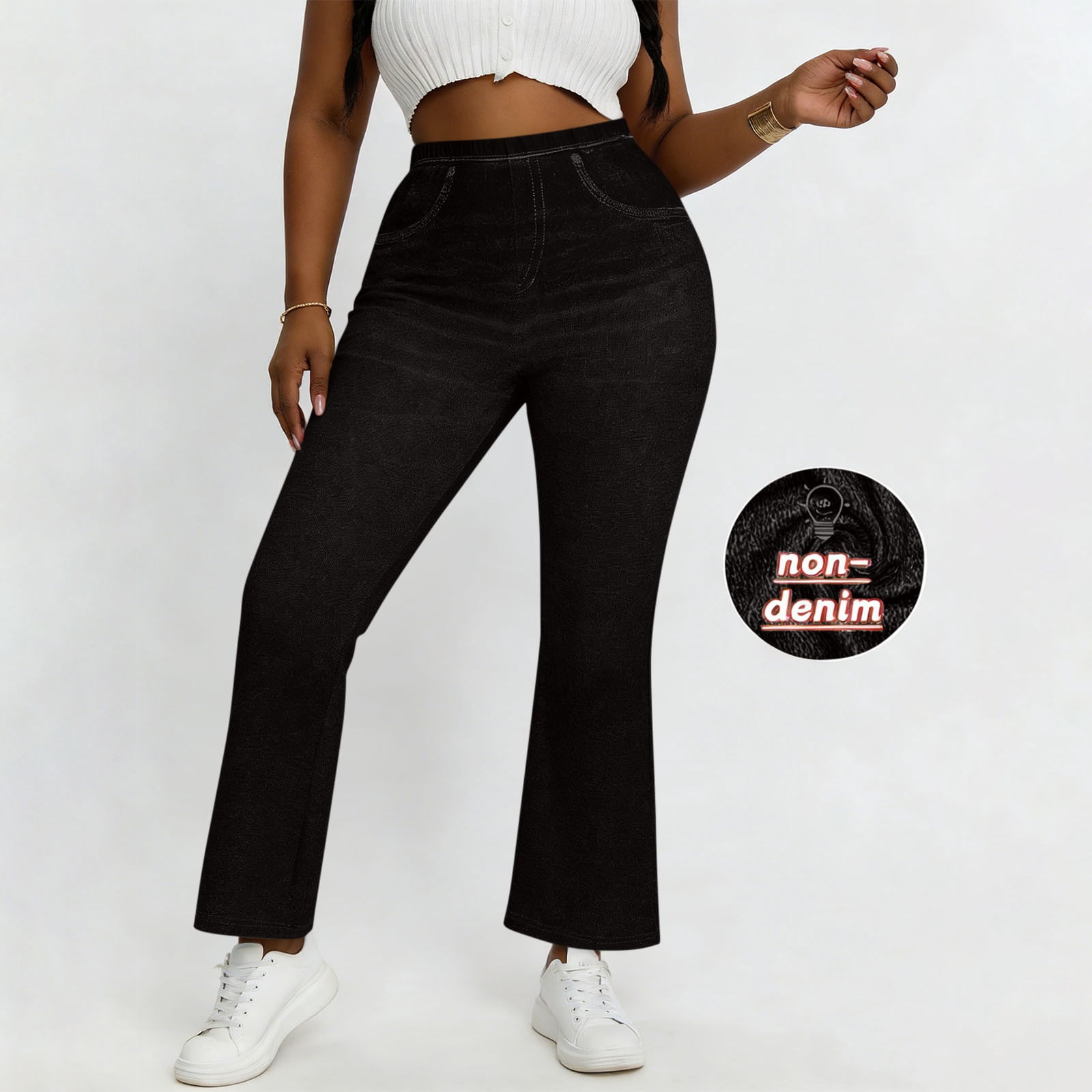 Xdegoge Faux Denim Pants for Women Flare Bootcut Leg High Waisted Tummy ...