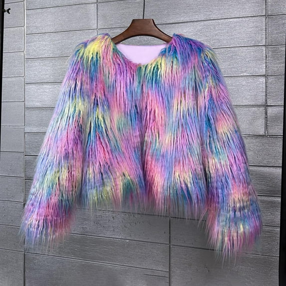 Xdegoge Faux Fur Jacket Women Short Crew Neck Faux Fur Overcoat Colorful Fuzzy Jackets Loose Slouchy Coat Stylish Warm Winter Cozy Outerwear