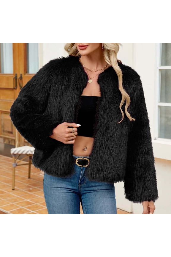 Faux Fur Coat for Women Casual Oversize Short Coats Stylish Color Cropped Jackets Button Round Neck Jacket Keep Warm Fluffy Overcoat Fall Winter Thermal Outerwear