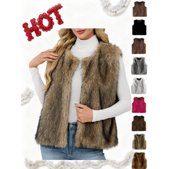 Xdegoge Faux Fur Vest for Women Casual Oversize Short Sleeveless Coat Stylish Color Cropped Jackets Keep Warm Fluffy Coats Fall Winter Thermal Outerwear
