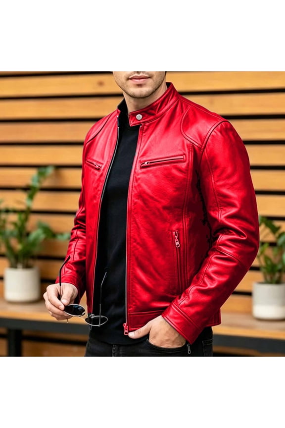 Faux Leather Jacket Men Motorcycle Biker Vintage Stand Collar Zip Up Motorbike Outwear Relaxed Fit Casual Fall Winter Riding Coat with Pockets