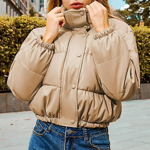 Xdegoge Faux Leather Puffer Jacket for Women Cropped Zip Up Single Breasted Stand Collar Quilted Jacket Puffy Loose Elastic Hem Solid Color Down Coats Fashion Outdoor Winter Padded Coat 2025