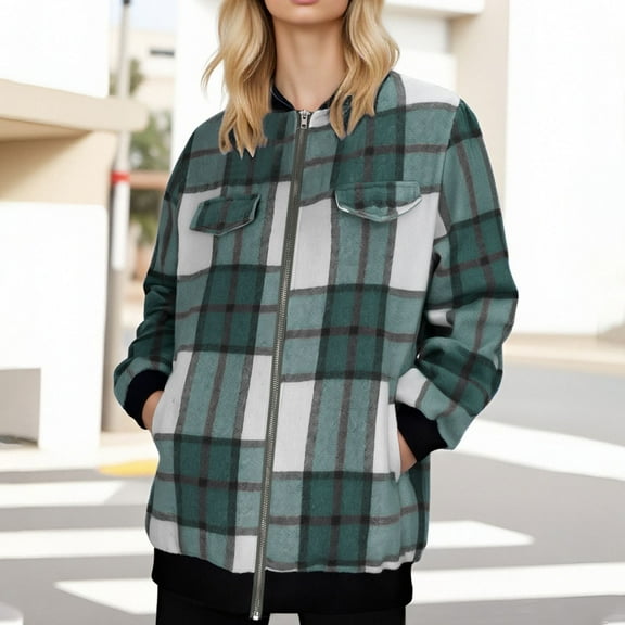 Xdegoge Flannel Plaid Jackets for Women Long Sleeve Zip Up Trendy Bomber Jacket with Pocket Casual Streetwear Oversized Fleece Coat 2025 Y2K Winter Outfits