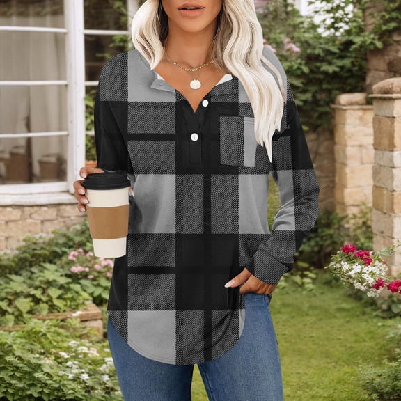 Xdegoge Flannel Shirts for Women Plaid V Neck Quarter Button Pullover Tops Tunic Long Sleeve Tshirts Y2K Clothes Trendy Plus Size Dressy Casual Shackets with Pocket Streetwear