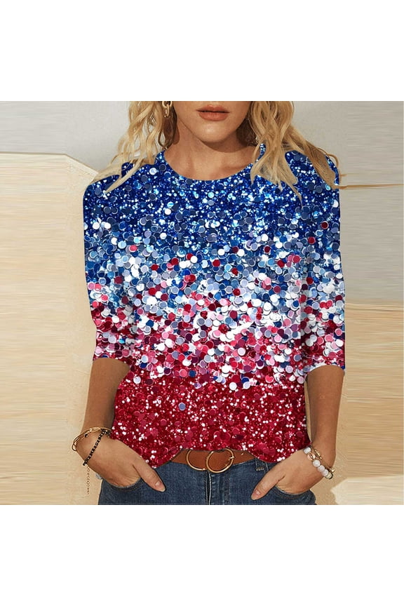 of The Day Patriotic Shirts for Women 3/4 Sleeve Fourth of July Shirts Crew Neck Usa Shirt American Flag Tee Shirt Summer Fashion Tops Striped Stars Blouses Going Out Tops