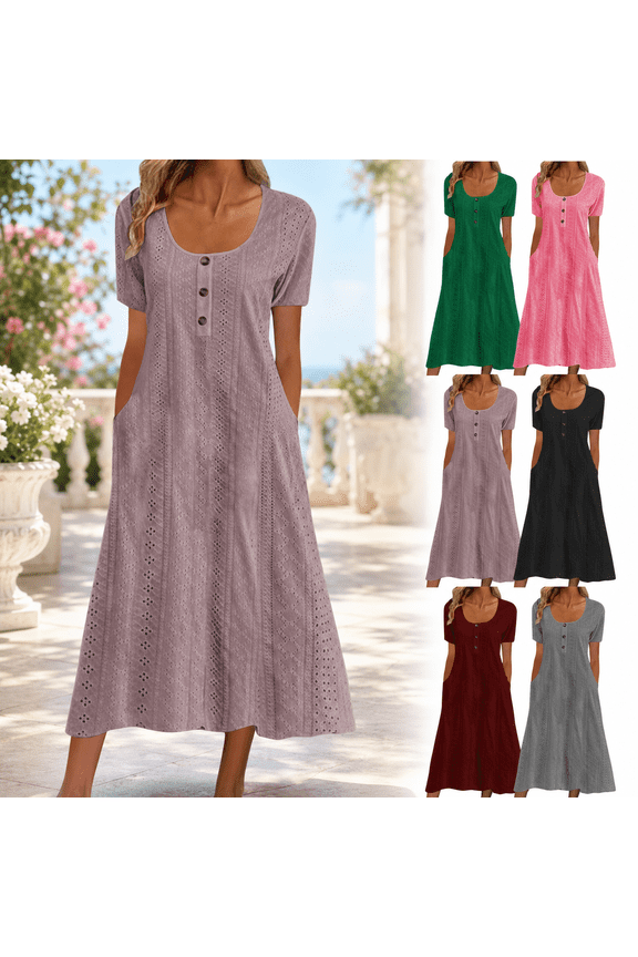 of The Day Summer Dresses for Women Trendy Short Sleeve Boho Eyelet Dresses Maxi Flowy Casual Beach Sundress Button Down Scoop Neck Dress with Pockets Mothers Day