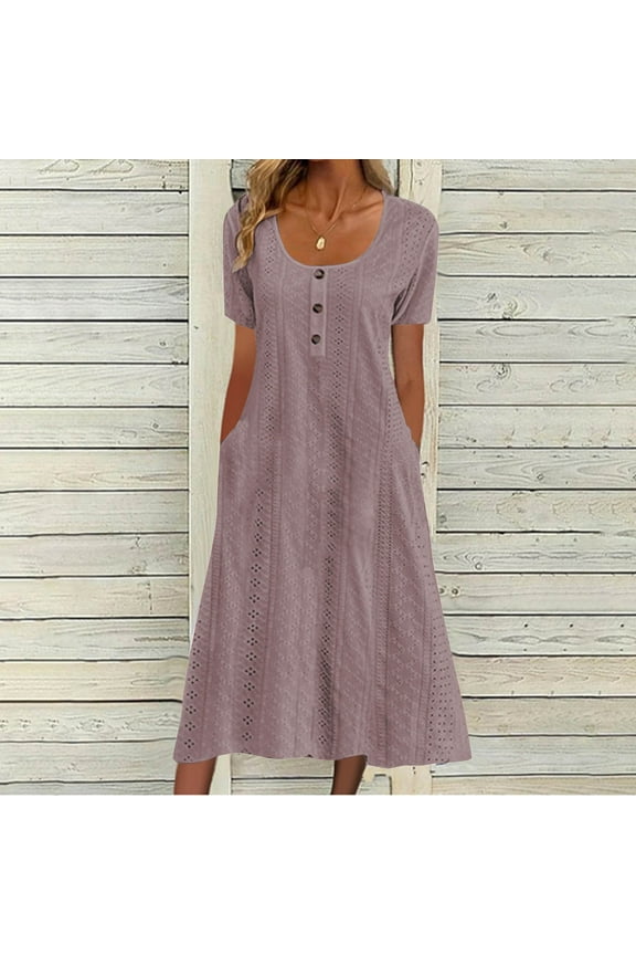 of The Day Summer Dresses for Women Trendy Short Sleeve Boho Eyelet Dresses Maxi Flowy Casual Beach Sundress Button Down Scoop Neck Dress with Pockets