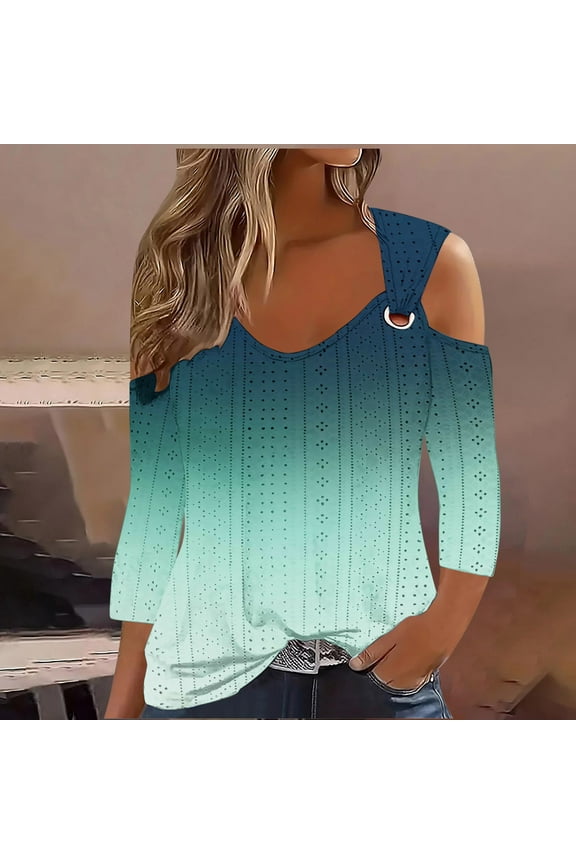 of The Day Womens Tops 3/4 Sleeve Trendy V Neck T Shirts Floral Summer Tunic Ladies Tops Loose Fit Dressy Casual Blouses Lightweight Eyelet Going Out Tops Ropa Mujer