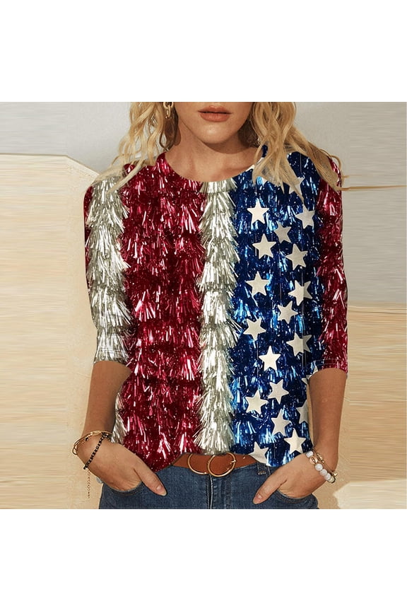 Patriotic Shirts for Women 3/4 Sleeve Fourth of July Shirts Crew Neck Usa Shirt American Flag Tee Shirt Summer Fashion Tops Striped Stars Blouses Going Out Tops