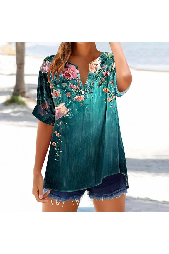 Short Sleeve Womens Tops Plus Size V Neck T Shirt Floral Printed Summer Tunic Tops Oversized Loose Fit Boho Blouses
