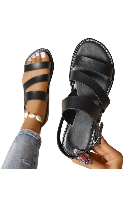 Flat Sandals for Women Summer Asymmetrical Triple Straps Ankle Buckle Open Toe Casual Beach Walking Shoes Lightweight Travel Outdoor Trendy Versatile Ladies Footwear