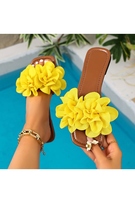 Flat Sandals for Women Open Toe Square Front Slip On Slides Large 3D Floral Embellishment Elegant Holiday Resort Chic Apparel