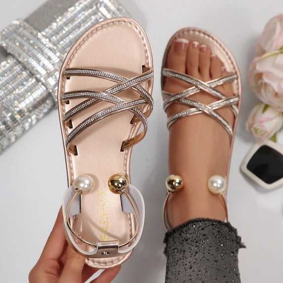 Xdegoge Flat Sandals for Women Summer Casual Strappy Criss Cross Front Round Hardware Detail Ankle Buckle Open Toe Dressy Beach Vacation Walking Shoe