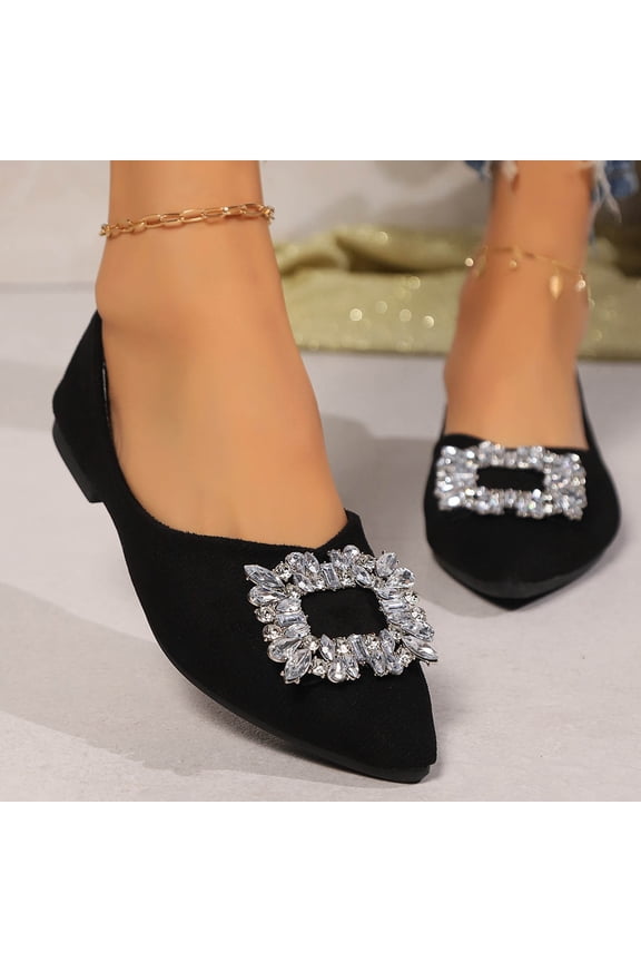 Flat Shoes for Women Pointed Toe Dress Wedding Pumps Sparkling Rhinestone Square Buckle Slip On Ballet Flats Evening Party Work Office Classic Closed Toe