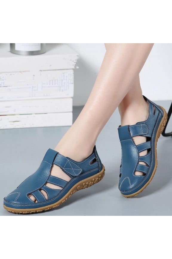 Flats for Women Closed Toe Sandals Fisherman Style Breathable Cut Out Hook and Loop Strap Summer Casual Walking Lightweight Non Slip Sole Ladies Footwear