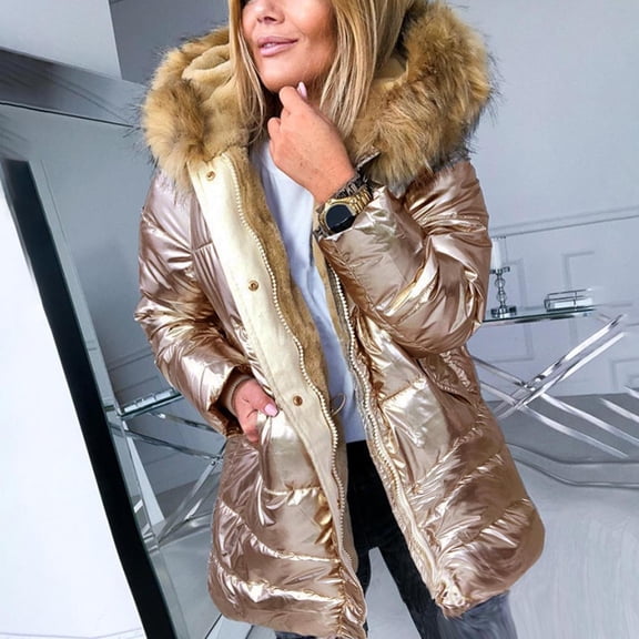Xdegoge Fleece Hood Jacket for Women Button Down Zip Up Long Sleeve Sequin Sparkly Thermal Fuzzy Hooded Jacket Coat Fall Winter Outerwear Women 2025 Waterproof Casual Coat with Pockets Gold S