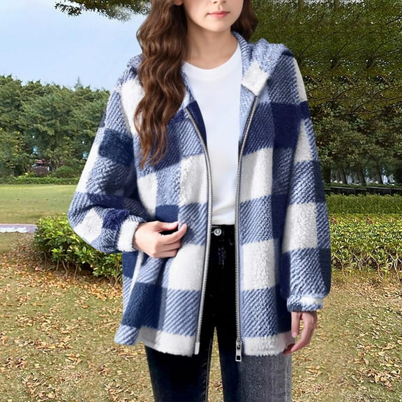 Xdegoge Fleece Jacket For Girls Plaid Oversized Zip Up Thermal Hoodie 2025 Tween Long Sleeve Loose Casual Coats Teen Thick Warm Cozy Outerwear Kids Fall Winter Fashion Clothes Age 5-16 Years