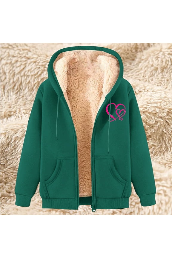 Fleece Jacket with Hood Women Sherpa Lined Thermal Loose Plus Size Heart Graphic Hoodies Cold Weather Long Sleeve Zip Up Coats Warm Fuzzy Cozy Fall Fashion Clothes with Pockets