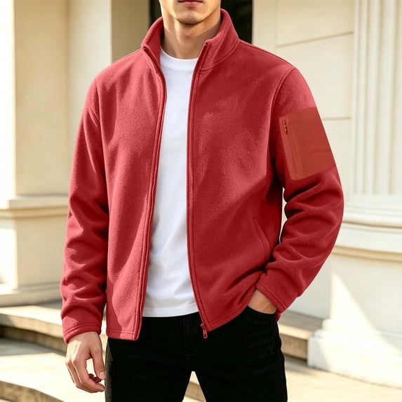 Xdegoge Fleece Jacket Men Zip Up Warm Winter Comfy Coat with Zipper Pockets Stand Collar Thermal Outerwear for Hiking Camping Outdoor Work