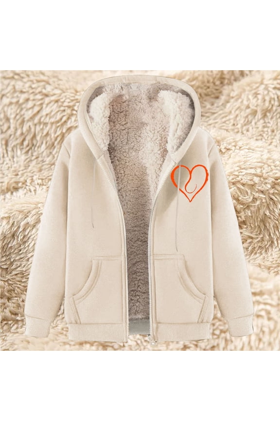 Fleece Jacket Women Cold Weather Sherpa Lined Fall Fashion Clothes Warm Long Sleeve Hooded Zip Up Jackets Thermal Cozy Fuzzy Trendy Oversized Heart Graphic Hoodies with Pockets