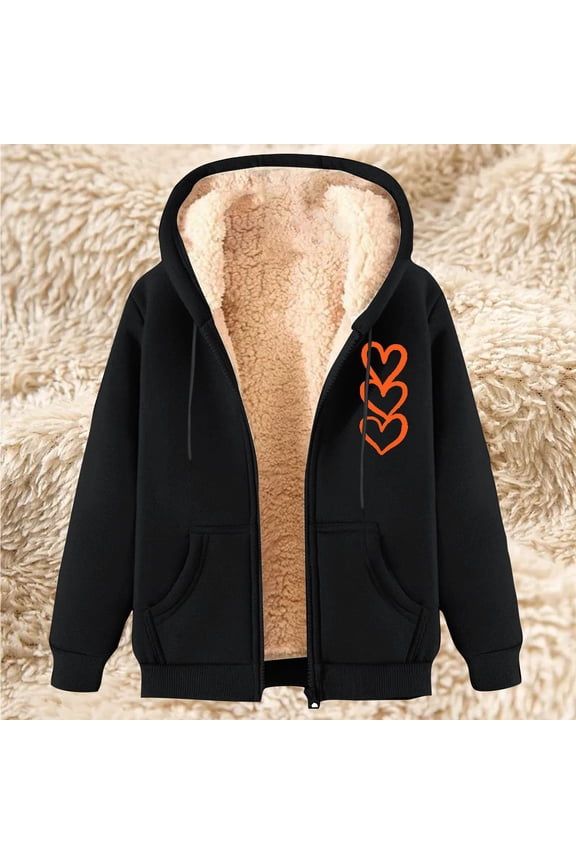 Fleece Jacket Women Fuzzy Sherpa Lined Loose Plus Size Heart Graphic Hoodies Cold Weather Long Sleeve Hooded Zip Up Coats Warm Cozy Thermal Fall Fashion Clothes with Pockets