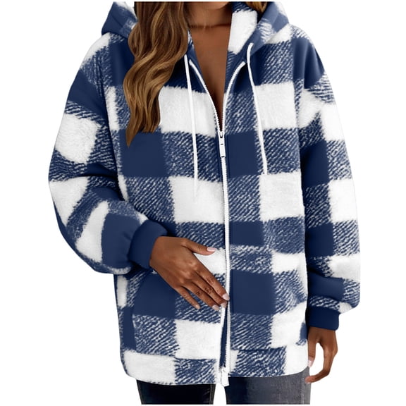 Xdegoge Fleece Jacket for Women Plaid Oversized Zip up Long Sleeve Sherpa Jackets Drawstring Hooded Thermal Coat Thick Warm Baggy Winter Outerwear Open Front Cozy Sweatshirt 2025 Cold Weather Outfits