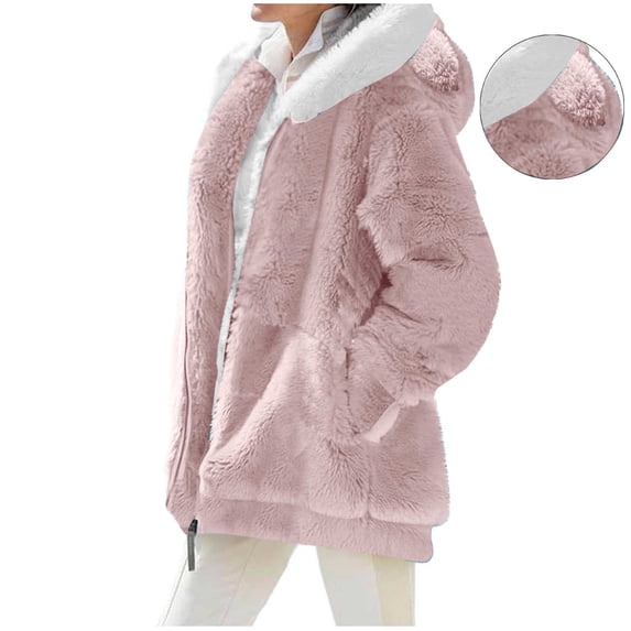 Xdegoge Fleece Jacket Women Zip Up Thick Fuzzy Long Sleeve Sherpa Jackets with Cute Ears Hood Oversized Mid-Length Pockets Casual Warm Coats Winter Going Out Outfits 2025