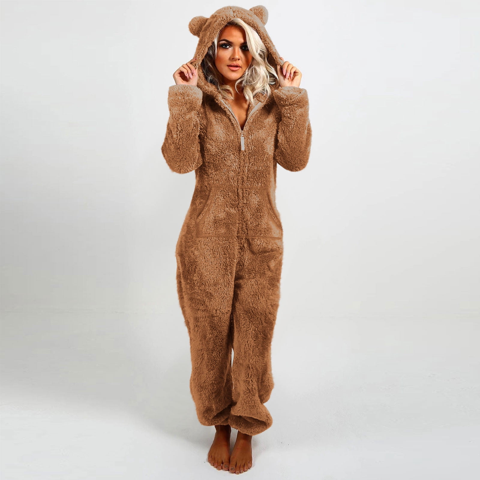 Xdegoge Fleece Jumpsuit Women Fuzzy One Piece Romper Zipper Long Sleeve Teddy Ears Jumpsuits Winter Warm Lounge Pajamas Loungewear with Pockets