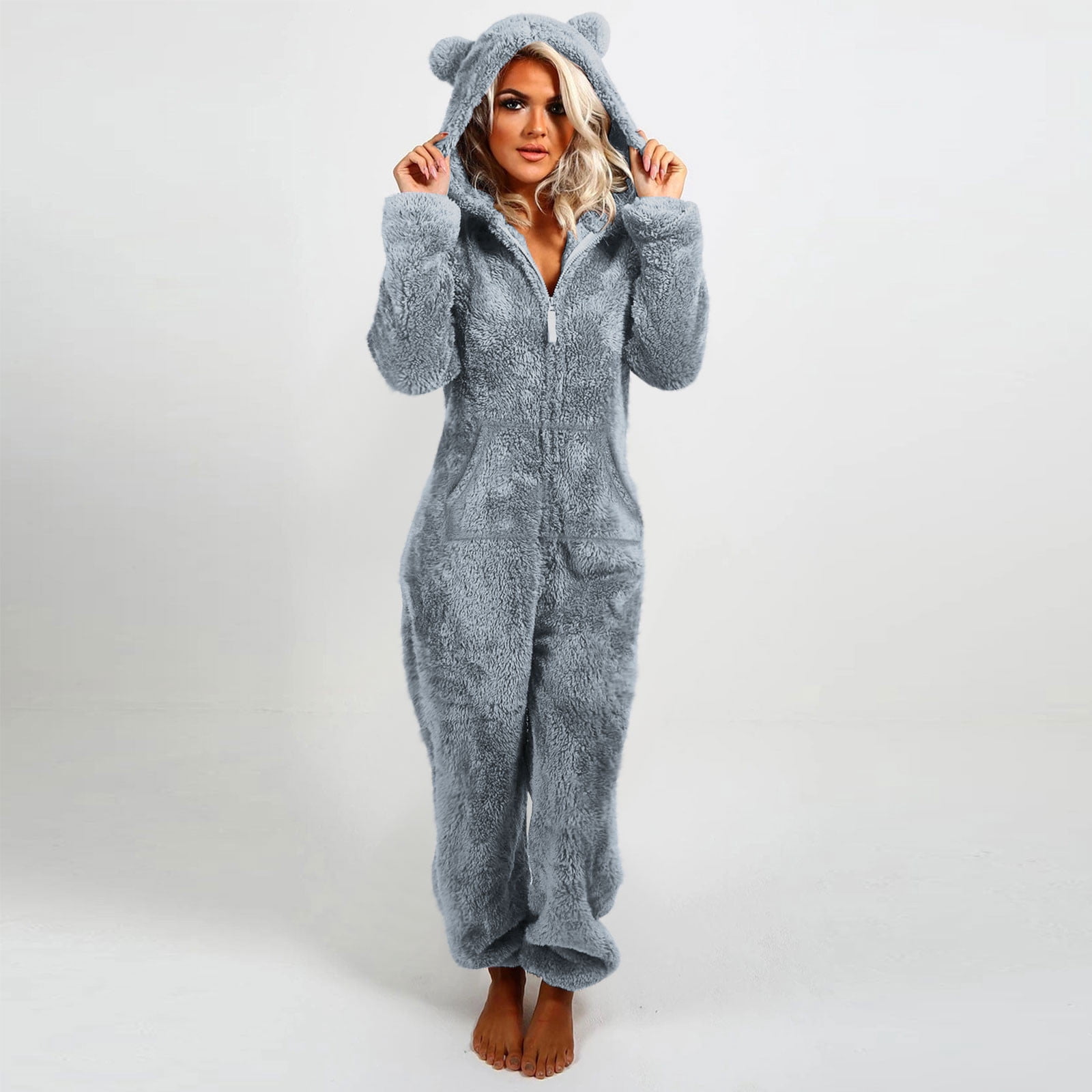 Xdegoge Fleece Jumpsuit Women Fuzzy One Piece Romper Zipper Long Sleeve Teddy Ears Jumpsuits Winter Warm Lounge Pajamas Loungewear with Pockets