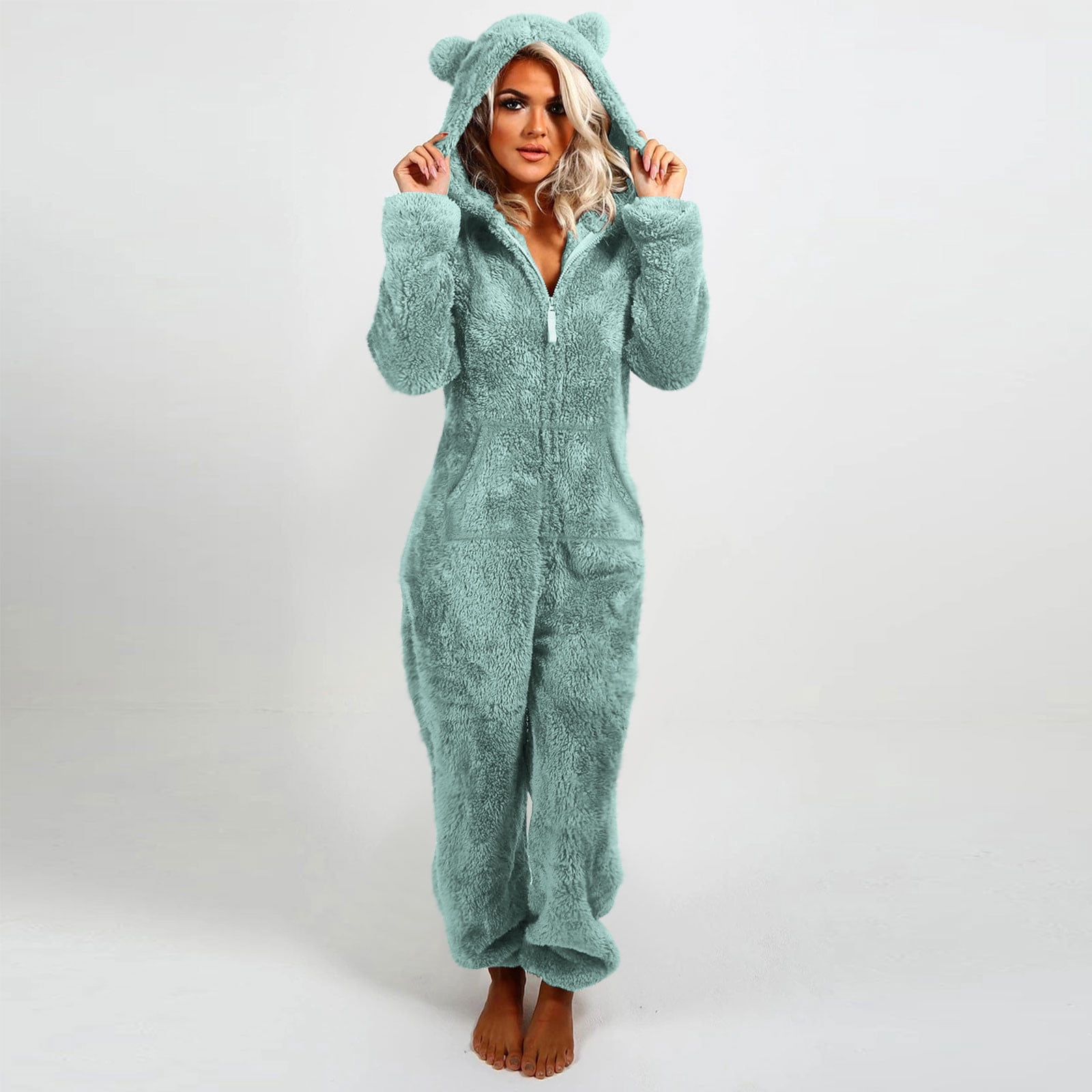 Xdegoge Fleece Jumpsuit Women Fuzzy One Piece Romper Zipper Long Sleeve Teddy Ears Jumpsuits Winter Warm Lounge Pajamas Loungewear with Pockets