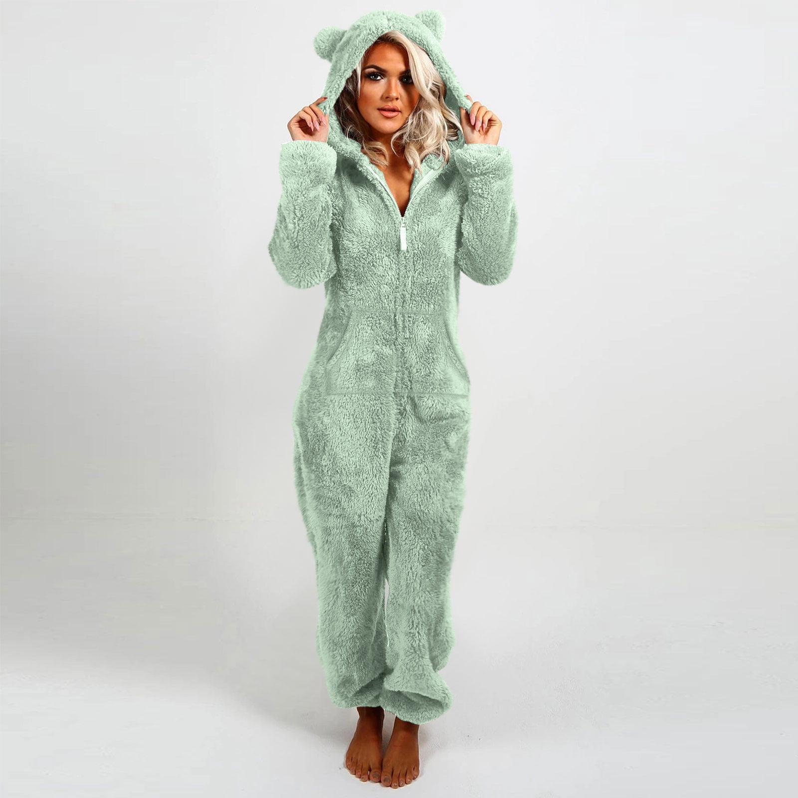 Xdegoge Fleece Jumpsuit Women Fuzzy One Piece Romper Zipper Long Sleeve Teddy Ears Jumpsuits Winter Warm Lounge Pajamas Loungewear with Pockets