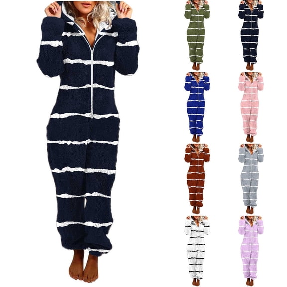 Xdegoge Fleece Jumpsuit Women Zip Up Hooded Adult Onesies Striped Color Block Long Sleeve Fuzzy One Piece Pajamas Cozy Winter Warm Casual Pjs Outfits