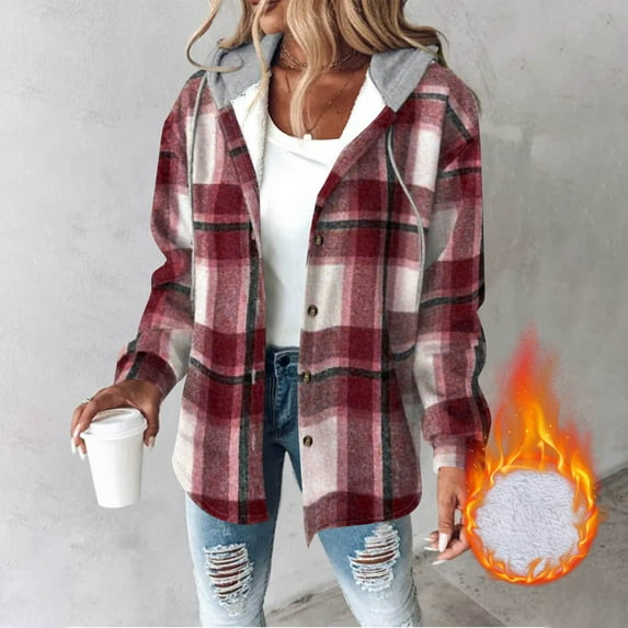 Xdegoge Fleece Lined Flannel Jacket Women Hooded Button Down Oversized Plaid Jackets Long Sleeve Vintage Sherpa Warm Coats Winter Trendy Outerwear Coat 2025