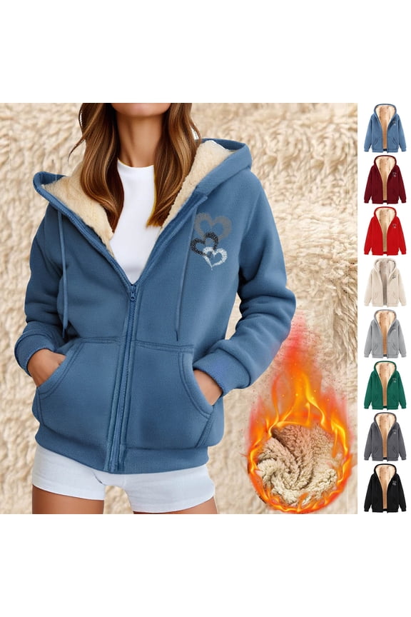 Fleece Lined Hooded Jackets for Women Zip Up Heart Print Long Sleeve Thick Jacket with Pocket Sherpa Fuzzy Warm Casual Coat 2025 Winter Trendy Outfits