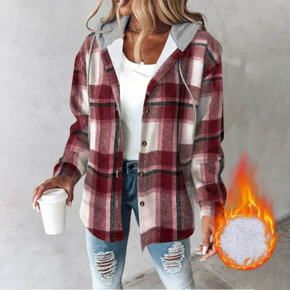 Xdegoge Fleece Lined Hoodies for Women Zip Up Drawstring Hoodie Coat Vintage Plaid Jackets with Side Pocket Outdoor Keep Warm Jacket Casual Thermal Coats