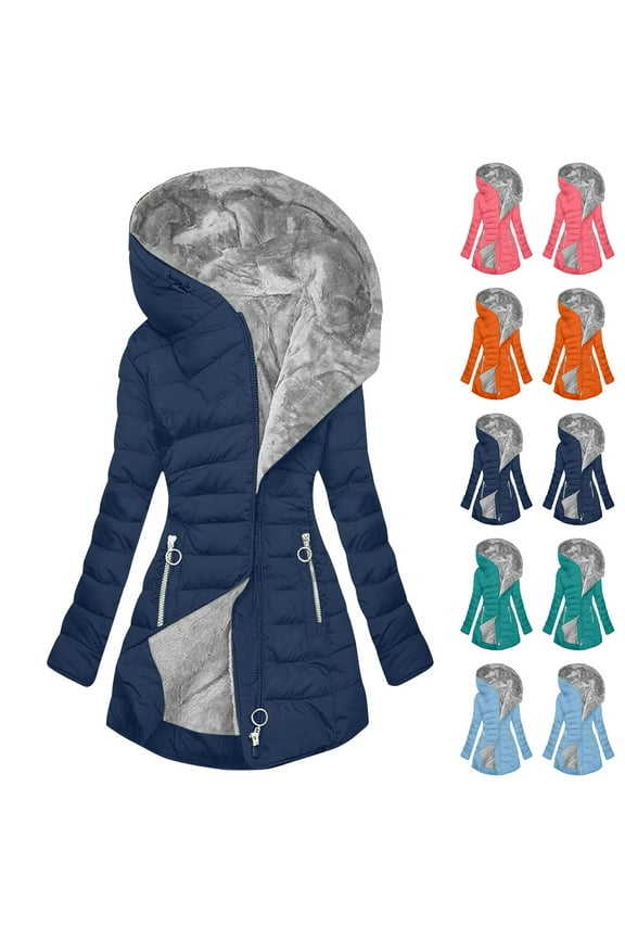 Fleece Lined Jacket Women Warm Thick Down Coats Knee Length Thermal Quilted Coats Heavy Winter Coats Zip Up Cozy Heavyweight Parka Zipper Pockets Outerwear