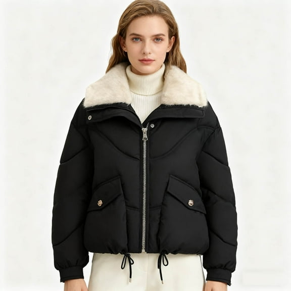 Xdegoge Fleece Lined Jacket Women Zip Up Button Down Warm Padded Ladies Winter Coats Quilted Cropped Puffer Jackets Long Sleeve Sherpa Coat with Pockets Outerwear Chaqueta De Invierno Para Mujer