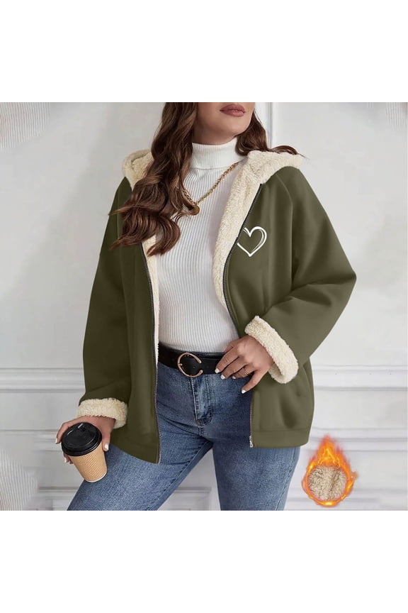 Fleece Lined Jackets for Women Zip Up Heart Print Long Sleeve Hooded Jacket Pocket Raglan Fuzzy Sherpa Warm Coats 2025 Winter Thick Trendy Clothes