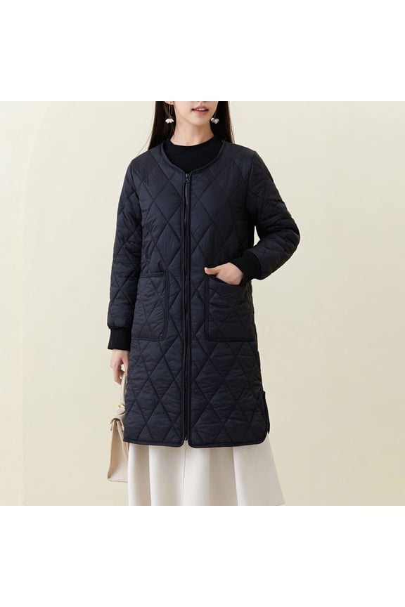 Fleece Lined Padded Jacket for Women Zip Up Collarless Long Diamond Quilted Jackets with Pockets Side Spilt Solid Color Cozy Plus Size Down Coats Winter Outdoor Warm Overcoat 2025