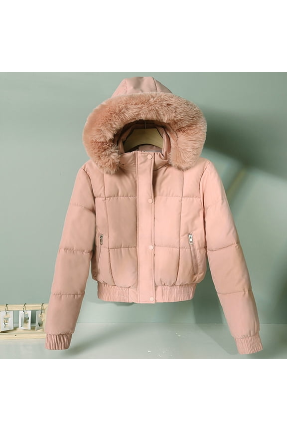 Fleece Lined Puffer Jacket for Women Crop Zip Up Button Tunic Long Sleeve Down Coat with Faux Fur Hood Zipper Pockets Thicken Fuzzy Loose Quilted Jackets Winter Short Padded Coats 2025