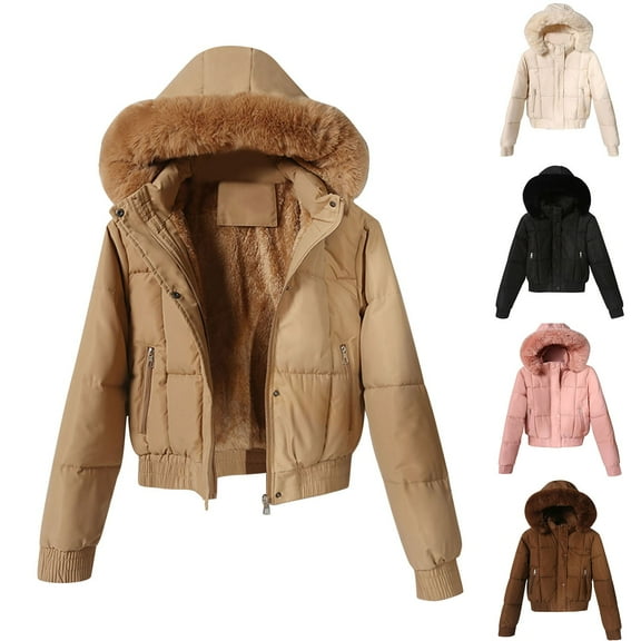 Xdegoge Fleece Lined Puffer Jacket for Women Crop Zip Up Button Tunic Long Sleeve Down Coat with Faux Fur Hood Zipper Pockets Thicken Fuzzy Loose Quilted Jackets Winter Short Padded Coats 2025