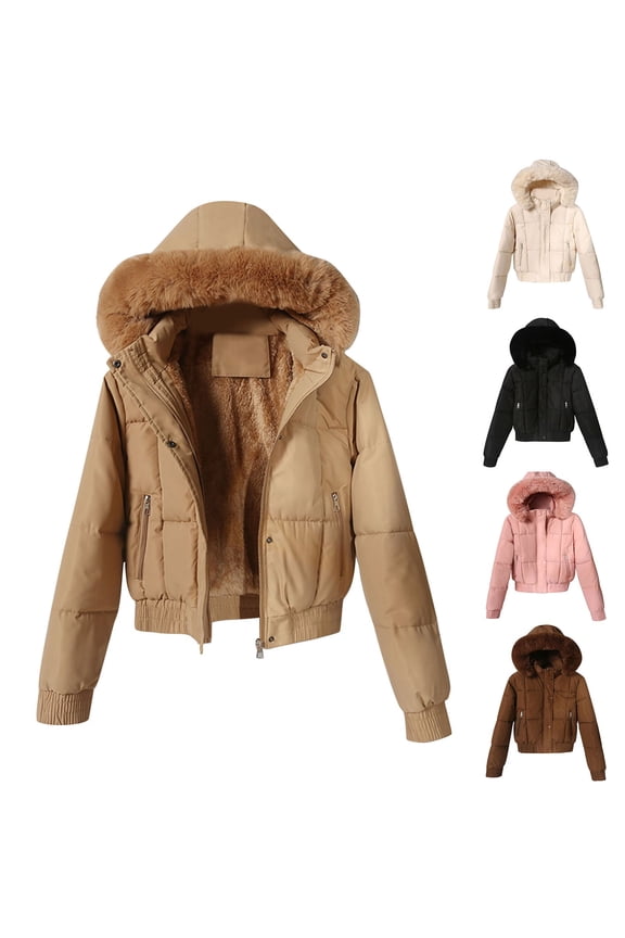 Fleece Lined Puffer Jacket for Women Crop Zip Up Button Tunic Long Sleeve Down Coat with Faux Fur Hood Zipper Pockets Thicken Fuzzy Loose Quilted Jackets Winter Short Padded Coats 2025