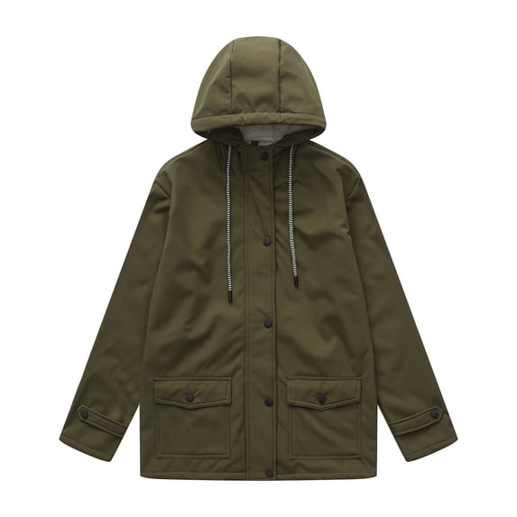 Xdegoge Fleece Lined Raincoat for Women Full Zip Button Cuffs Plus Size Waterproof Hooded Trench Coat Drawstring Solid Color Outdoor Windbreaker Jacket with Pockets Winter Warm Outerwear 2025