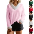thumbnail image 1 of Xdegoge Sweaters for Women Pullover Vneck Tops Ribbed Knit Faux Fur Trim Shirts Long Sleeve Casual Tshirts Fall Winter Fashion Clothes, 1 of 8