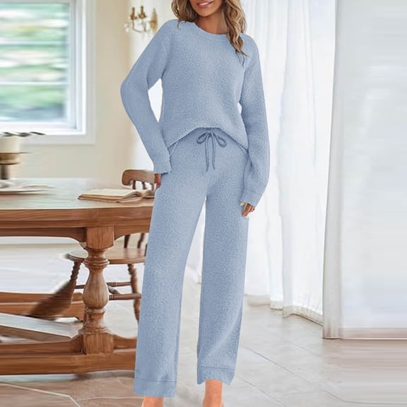 Xdegoge Fleece Lounge Sets for Women 2 Piece Plus Size Lounge Matching Clothes Cozy Long Sleeve Crewneck Pullover Tops Comfy Soild Outfits High Waisted Straight Leg Pants Winter Trendy Loungewear